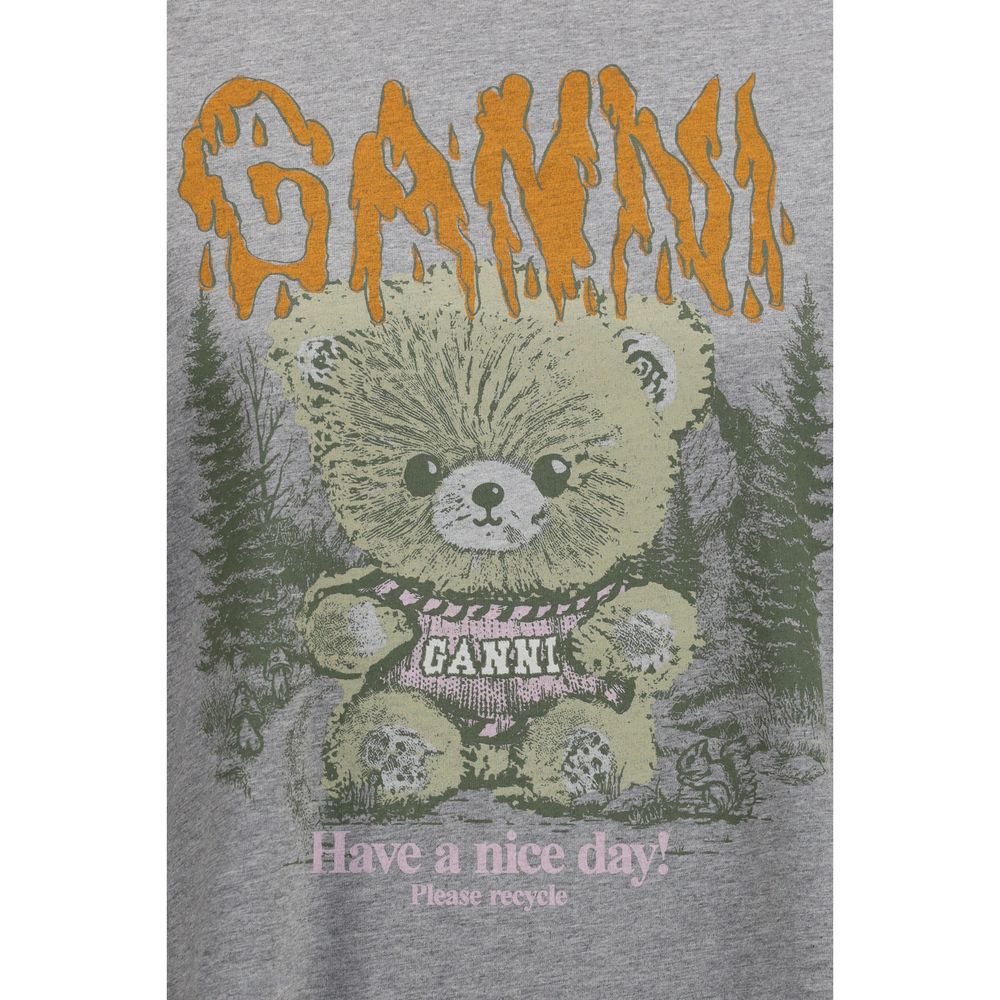 Ganni Bear The Teddy Women's Regular Fit Short-Sleeve Crew Neck Organic Cotton T-Shirt - Gray Print
