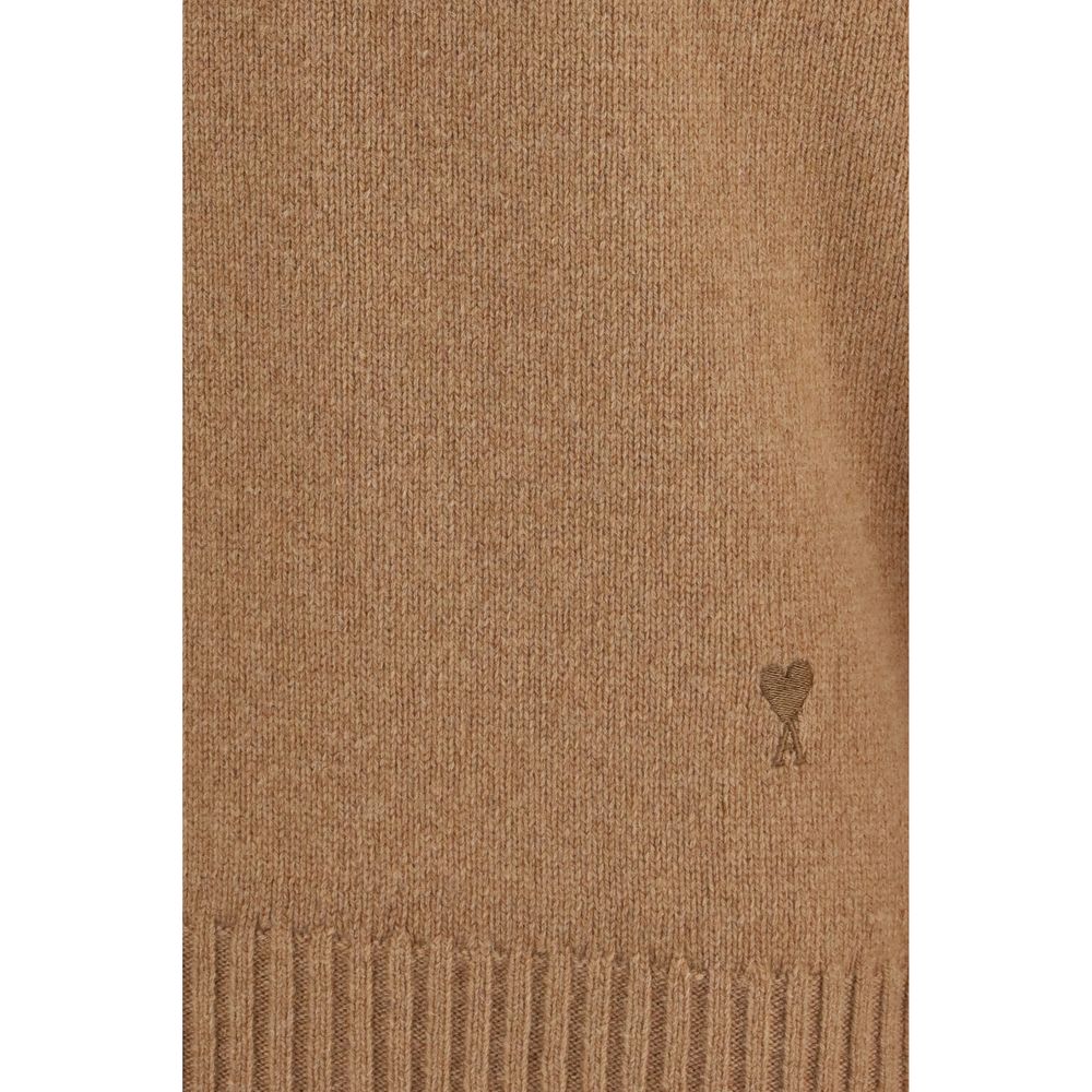 Ami Paris Men's Regular Fit Crew Neck Cashmere & Merino Wool Sweatshirt - Brown Signature
