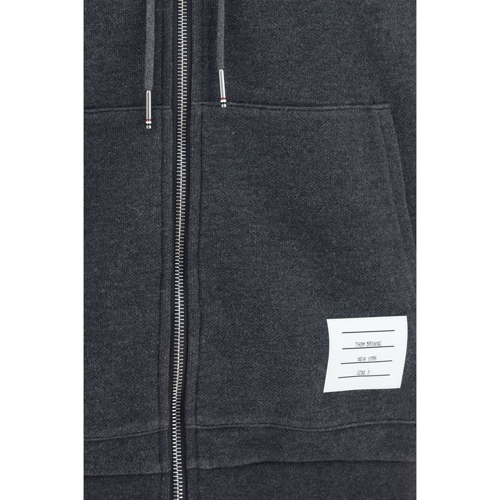 Sweatshirt Hoodie by Thom Browne for men in brass & cotton gray, signature & striped features an dramatic silhouette, showcasing a sophisticated hooded neckline and dramatic for a refined, modern aesthetic.