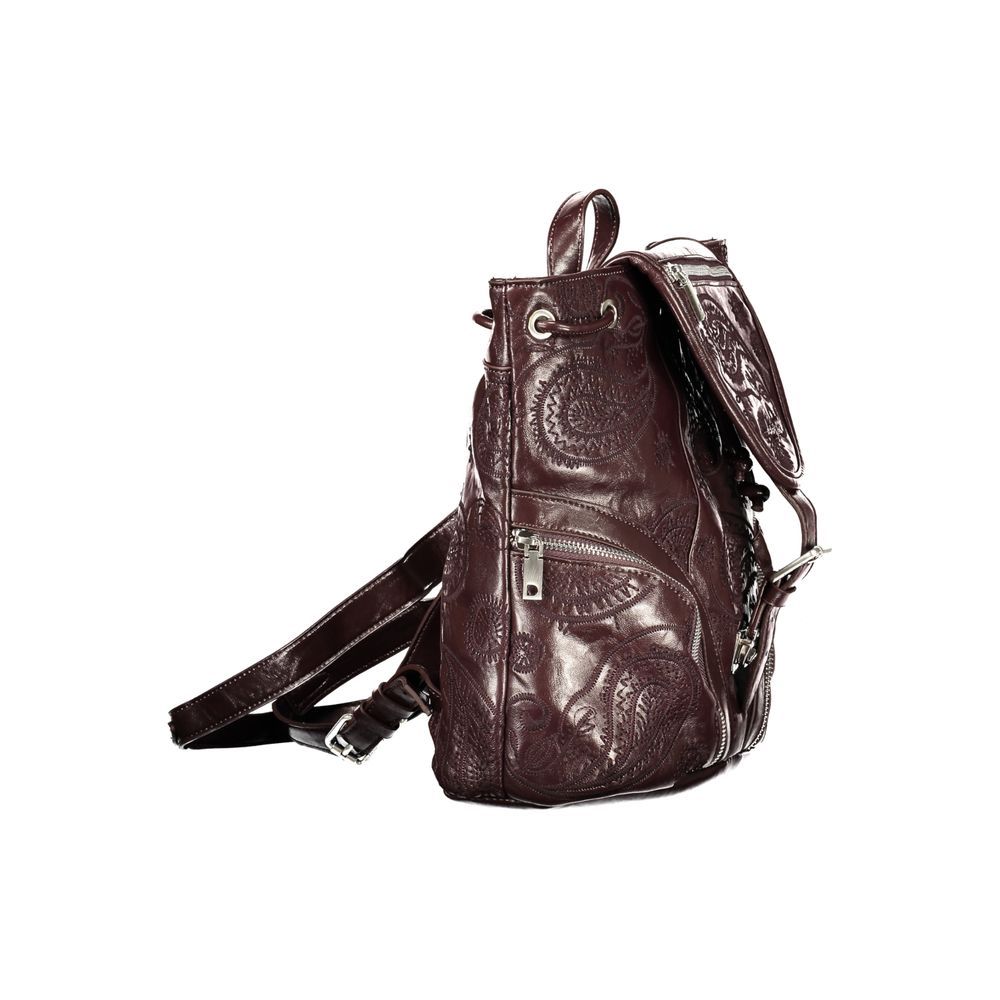 Mini Drawstring Backpack by Desigual for women in polyethylene brown features a fashionable silhouette, showcasing the Polyethylene Mini Drawstring Backpack design with a secure snap, zipper & drawstring, ample external-pockets, internal-pockets & cardholder, and versatile backpack-strap, adjustable-strap & handle.