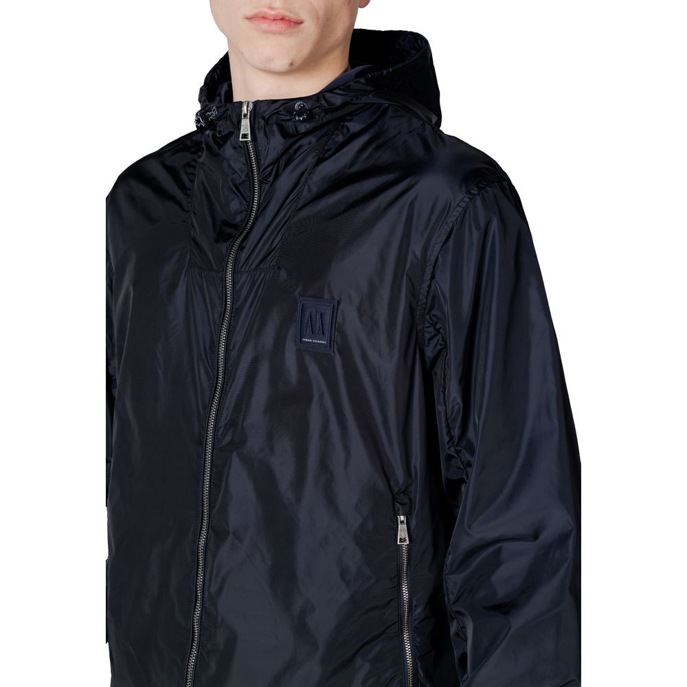 Hooded Windbreaker Jacket by Armani Exchange for men in polyamide blue presents a resilient silhouette, artfully detailed with a sophisticated and functional lightweight, pockets, hooded & windproof for a resilient finish.