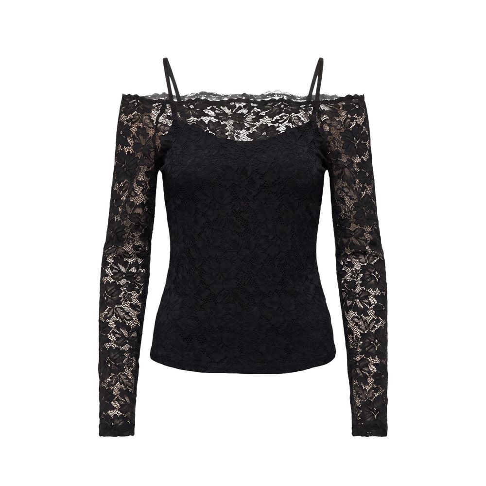 Morgan De Toi Women's Long-Sleeve Round Neck Stretch Polyamide & Lace T-Shirt - Black Transparent Floral