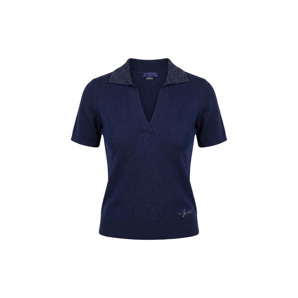 Guess Women's Regular Fit V Neck Wool & Rhinestone Polo Shirt - Blue