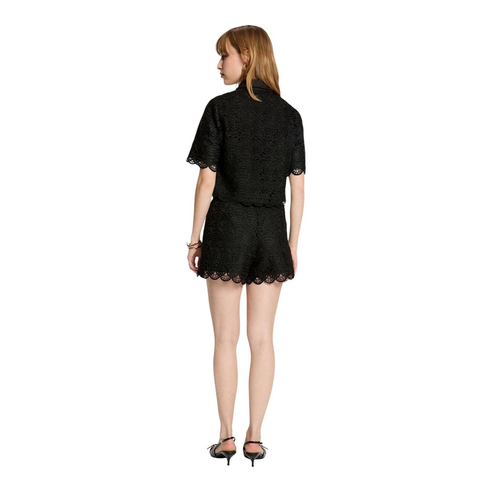 Morgan De Toi Women's Short-Sleeve Stretch Polyester & Lace Blouse - Black Patterned