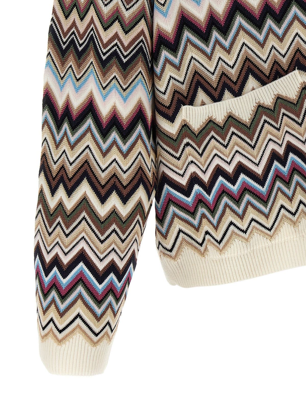 Missoni Women's Relaxed Fit Oversized V Neck Polyester Viscose Wool Cardigan - Cream Multicolor Patterned Signature