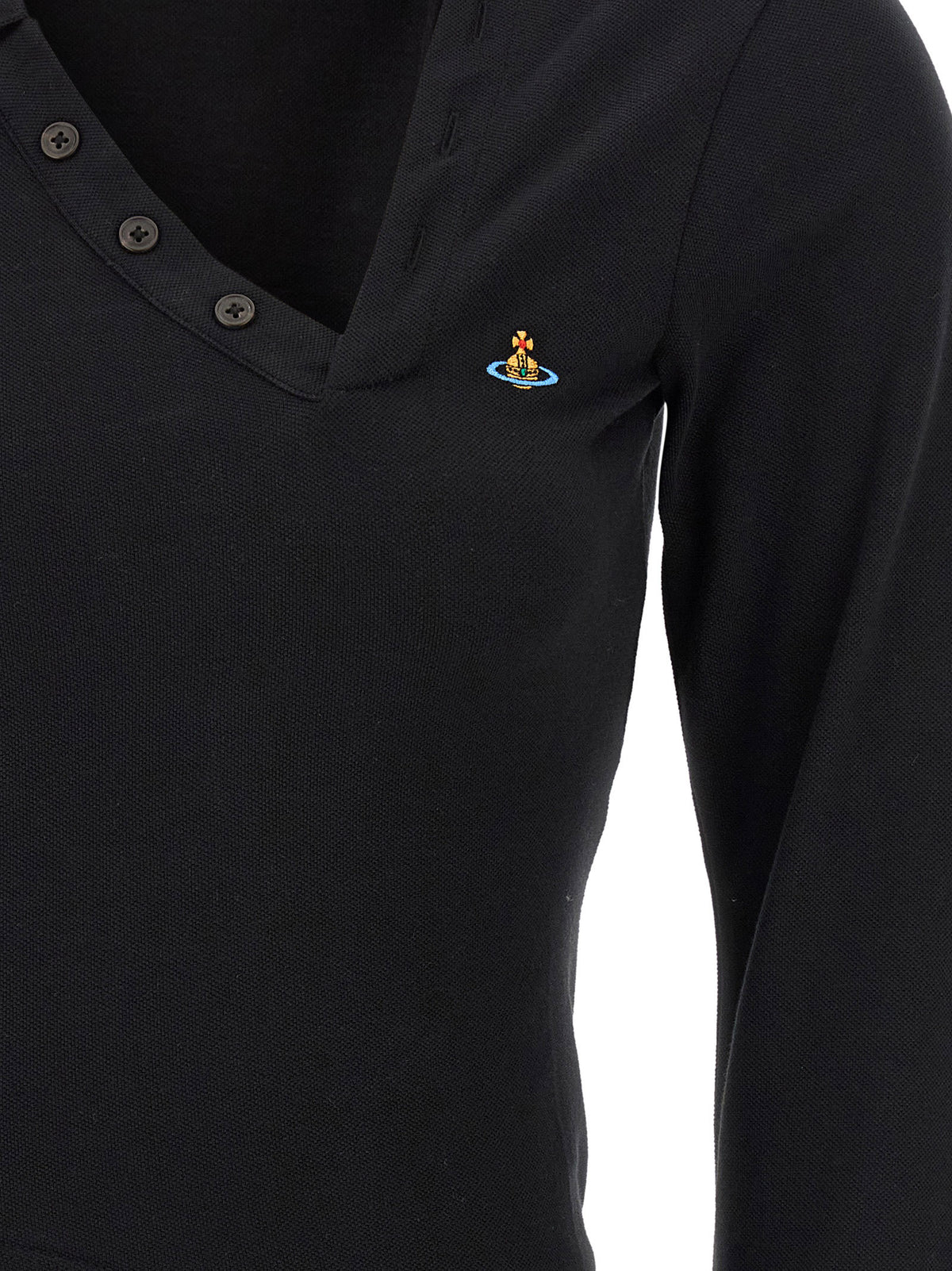 Vivienne Westwood Orb Women's V Neck Cotton Polo Shirt - Black Patterned Signature Striped