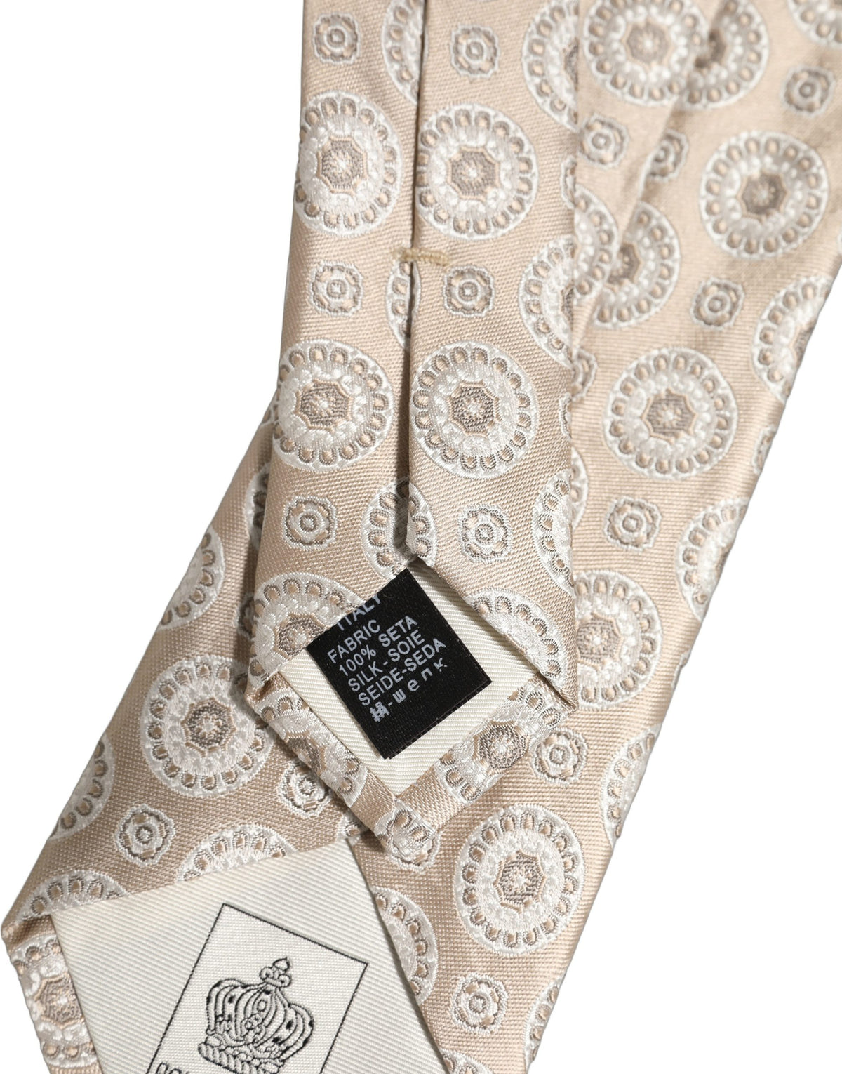 Dolce & Gabbana Beige Silk Medallion Circle Adjustable Tied Necktie Tie
