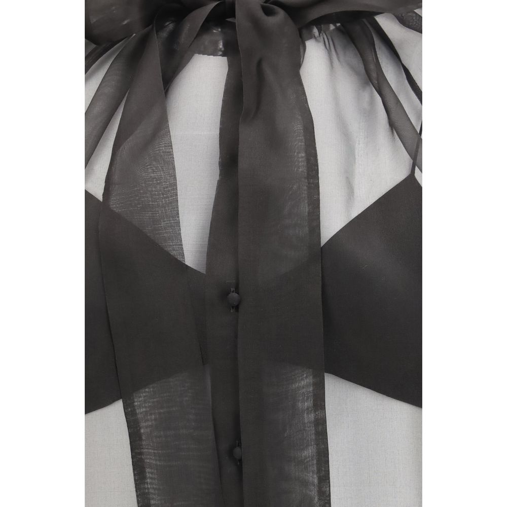 Blouse by Ermanno Scervino for women in lace & silk black showcases a sharp silhouette, elegantly detailed with a sharp and sharp .