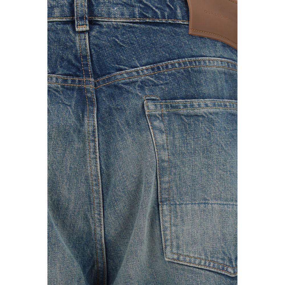 Jeans by Our Legacy for men in denim cotton blue & print presents a refined pantology silhouette, artfully defined by a refined pantology straight-leg, relaxed-fit, regular-fit & wide, long, and a sophisticated .