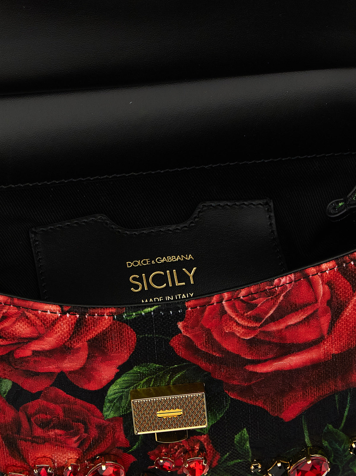 Dolce & Gabbana Sicily Silk Cotton Leather & Canvas Small Flap Handbag - Black Red Signature