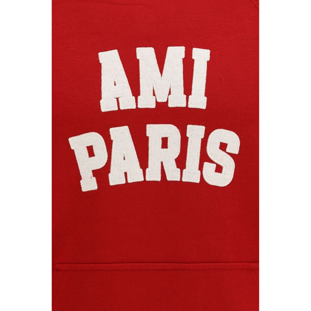 Ami Paris Men's Regular Fit Organic Cotton Felt & Metal Sweatshirt Hoodie - Red