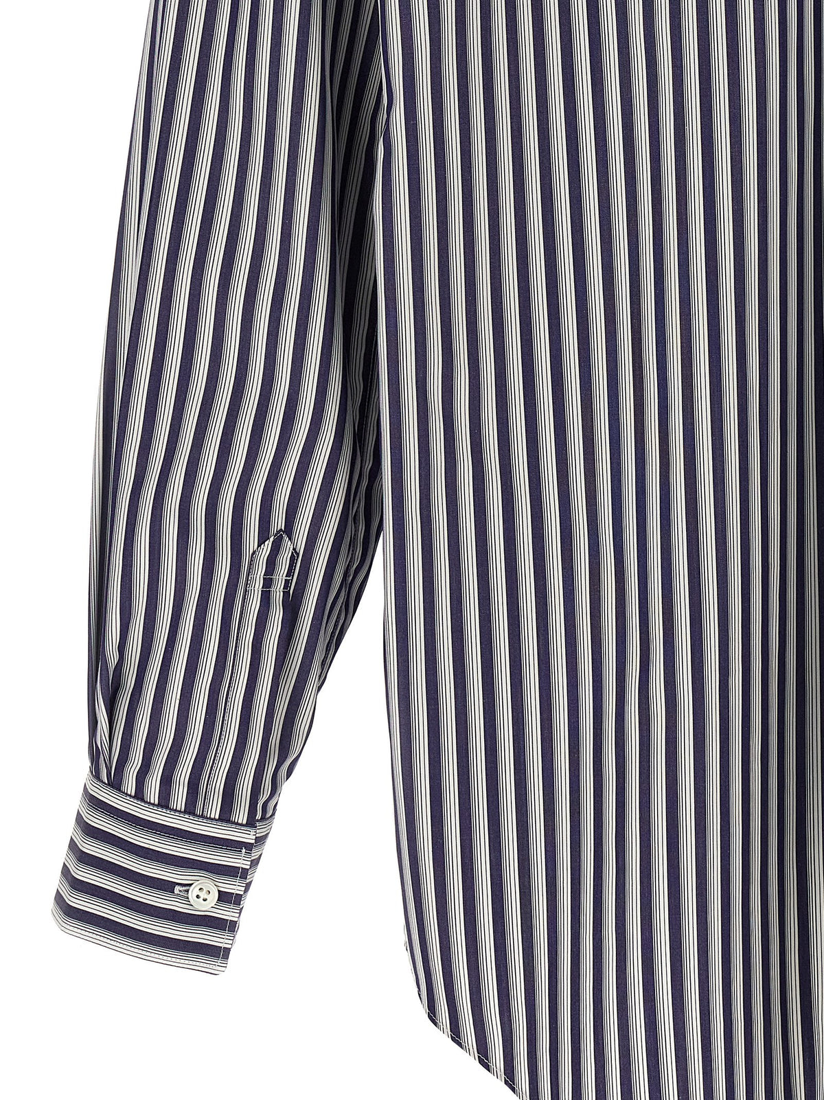 Shirt by Comme Des Garçons for men in cotton gray, navy, patterned & striped showcases a sleek silhouette, elegantly detailed with a sleek and for a sleek finish.