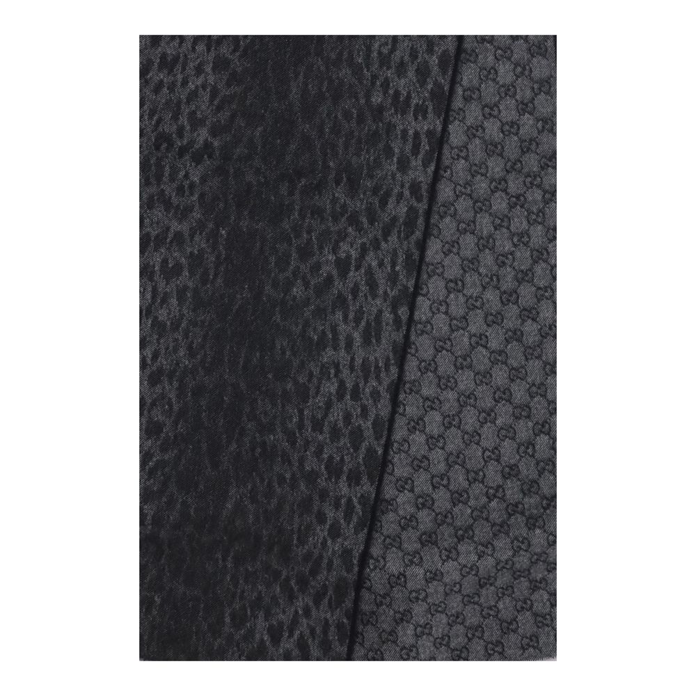 Gucci Merino Wool Wrap Fringes Scarf - Gray Leopard Print Patterned Monogram Print