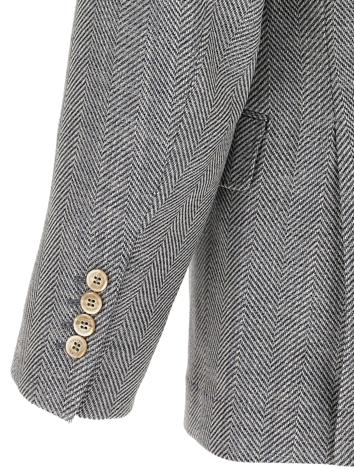 Brunello Cucinelli Men's Single Breasted Silk Cupro & Alpaca Wool Blazer - Gray Horn Natural Chevron