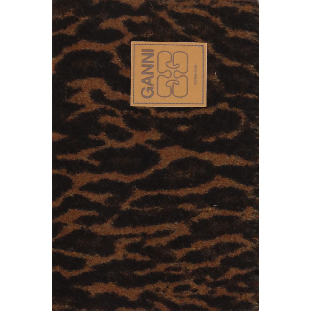 Ganni Wool Shawl Rectangular Fringes Scarf - Brown Leopard Print Signature Print