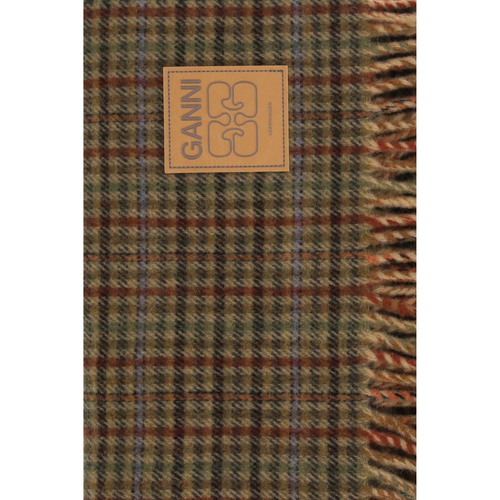 Ganni Wool Wrap Fringes Scarf - Brown Patterned Signature