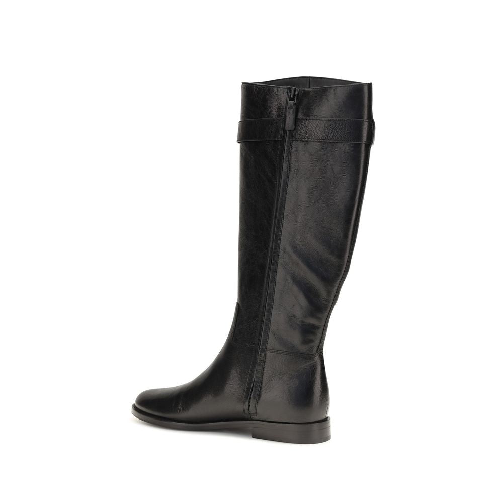 Tory Burch City Women's Bos Taurus Calf Leather Lace-Up High Knee-High Riding Strap Boots - Black Signature