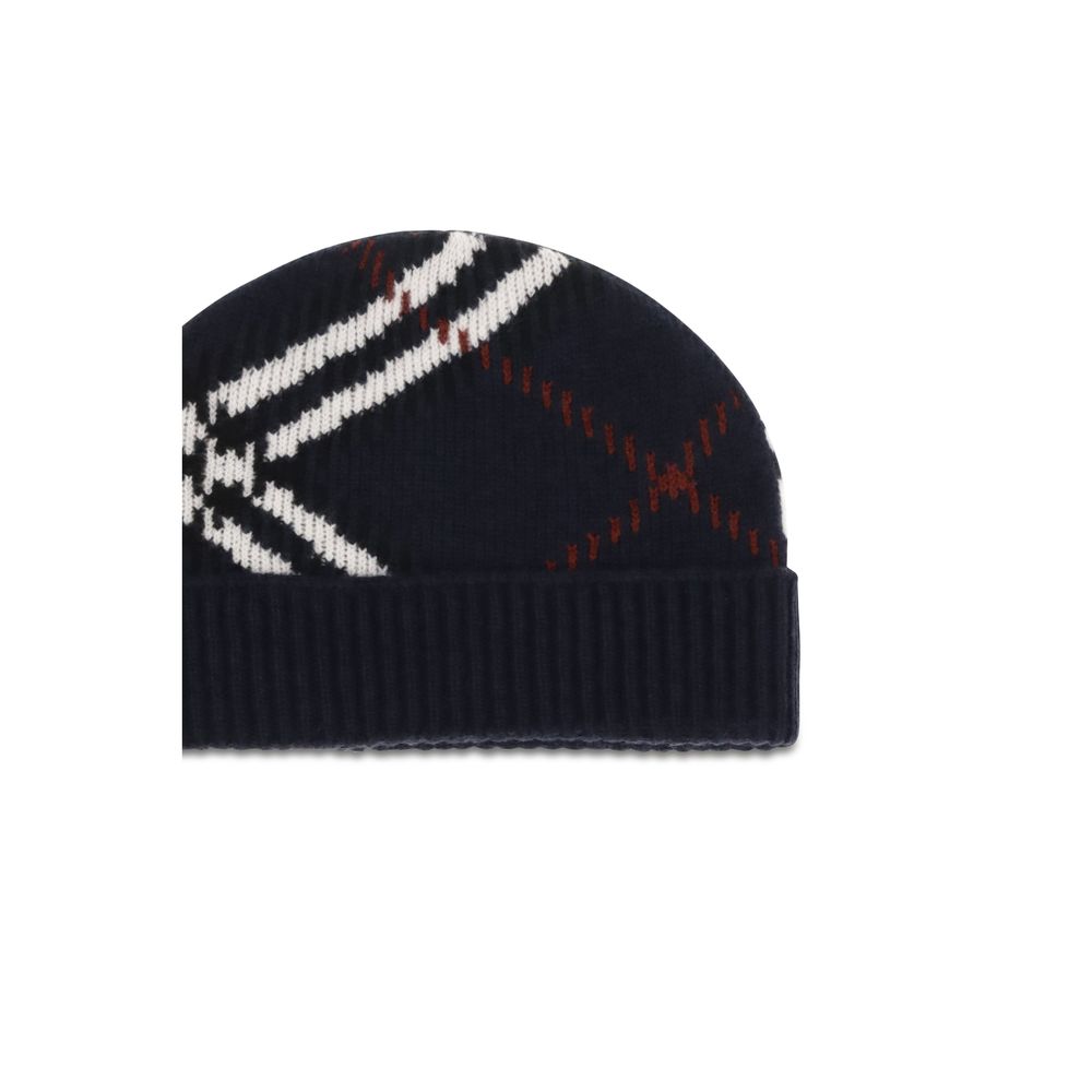 Burberry Cashmere Polyamide & Polyester Beanie Hat - Blue Patterned Jacquard Signature