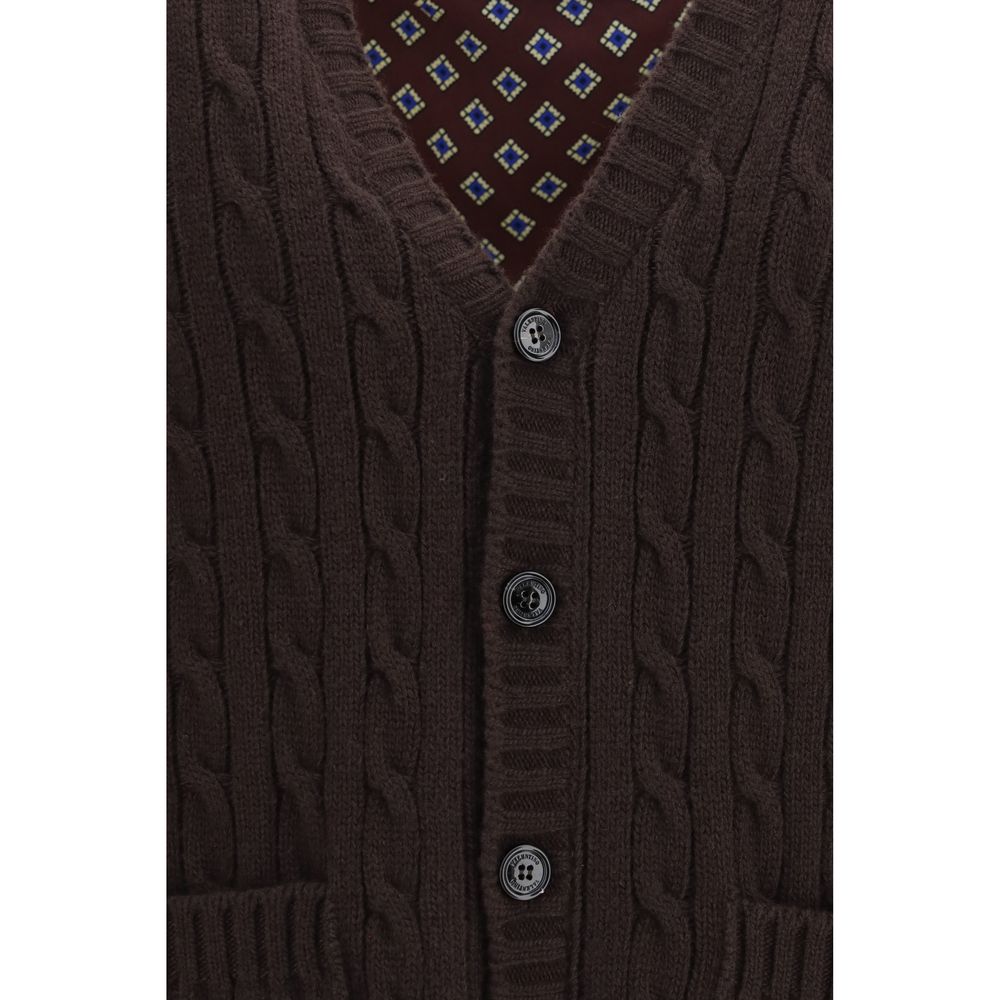 Valentino Garavani Men's Regular Fit V Neck Merino Virgin Wool Cardigan - Brown Checked
