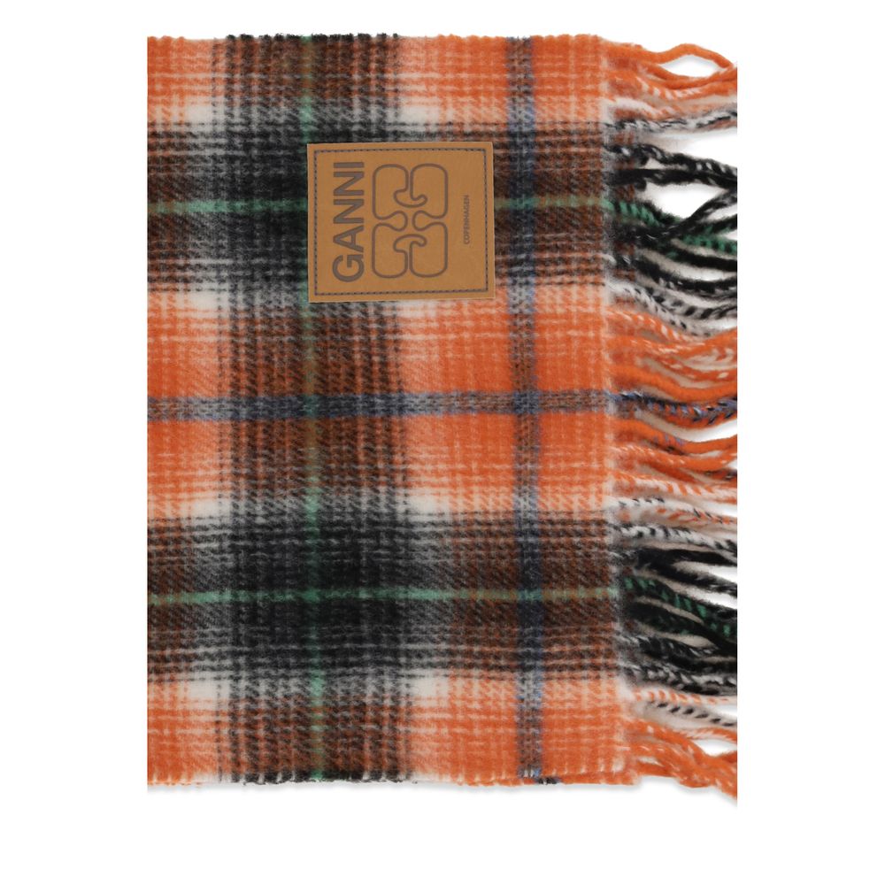 Ganni Plush Wool Wrap Fringes Scarf - Orange Patterned Checked Signature