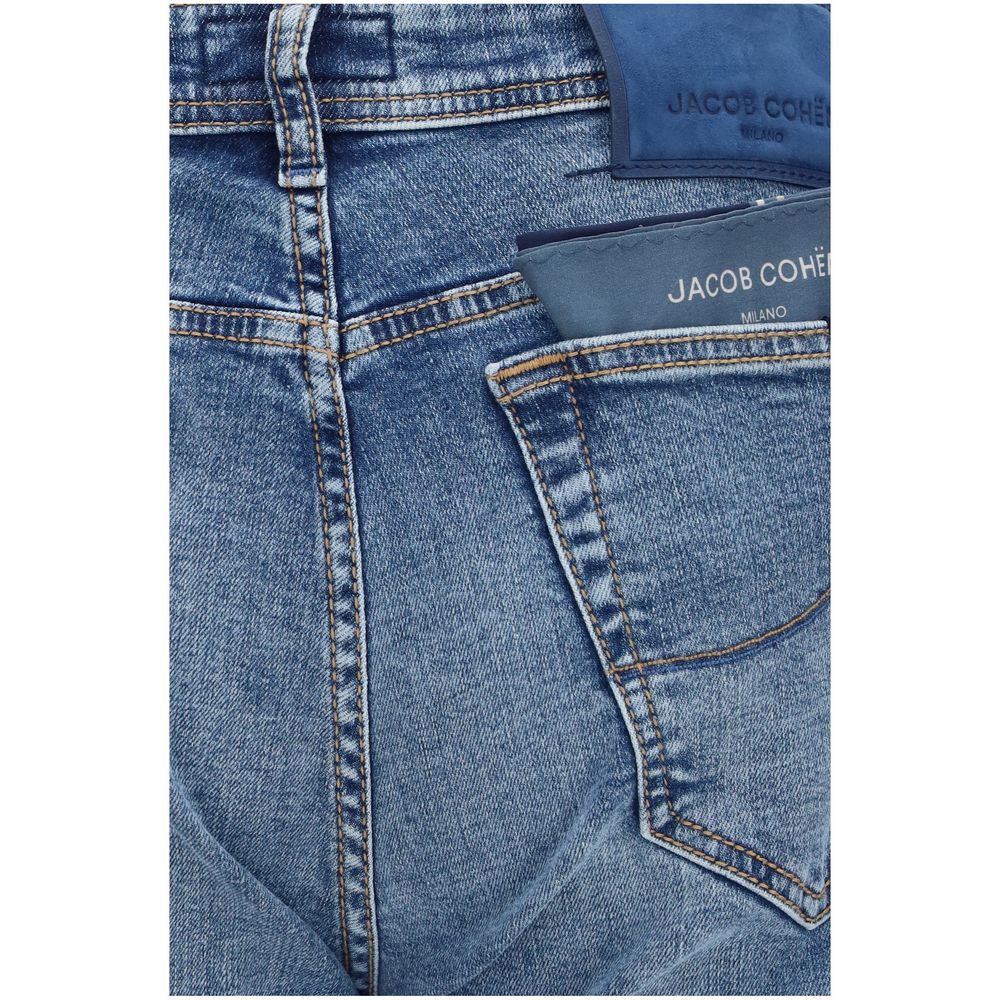 Jacob Cohen Men's Tapered Leg Regular Fit Slim Mid Rise Denim Cotton & Suede Leather Jeans - Blue Signature