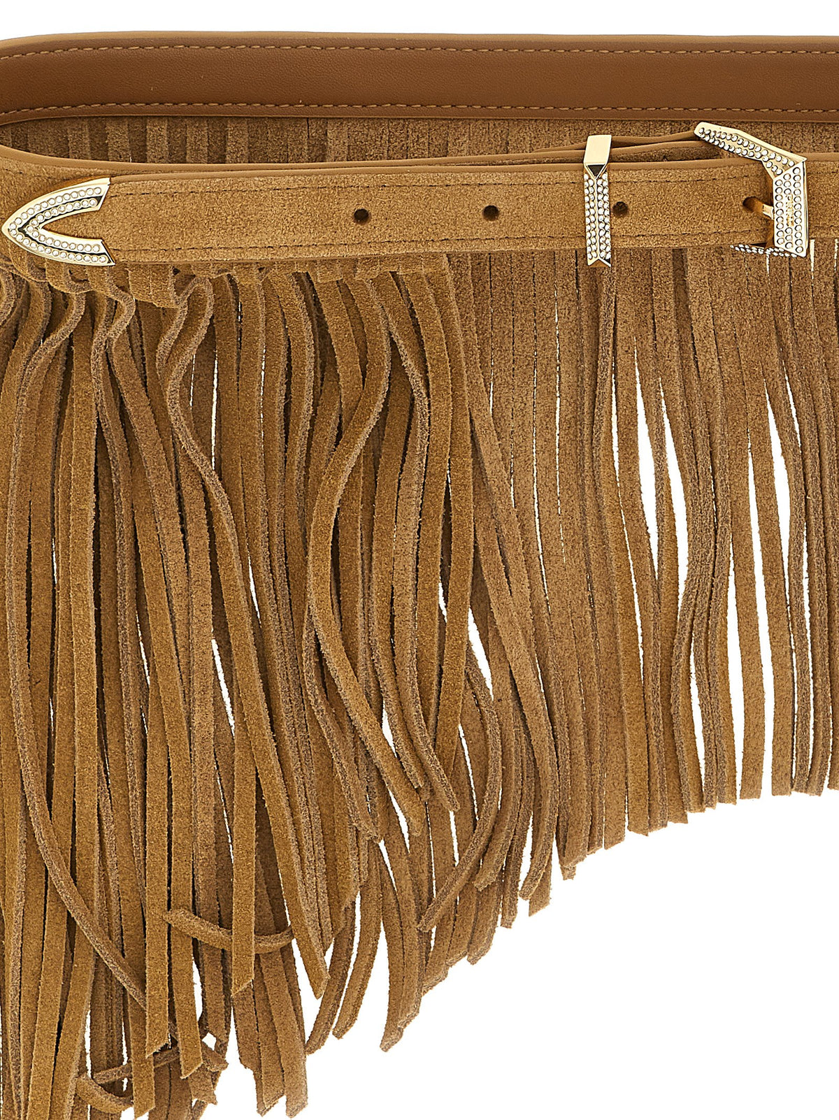 PINKO Suede Calfskin Leather & Rhinestone Belt - Beige Camel Gold