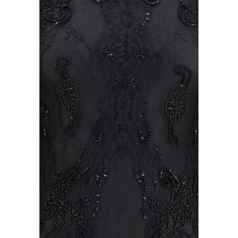 Blumarine Women's Slip Cocktail Long-Sleeve Round Neck Polyamide Lace & Sequins Short Mini Dress - Black Patterned