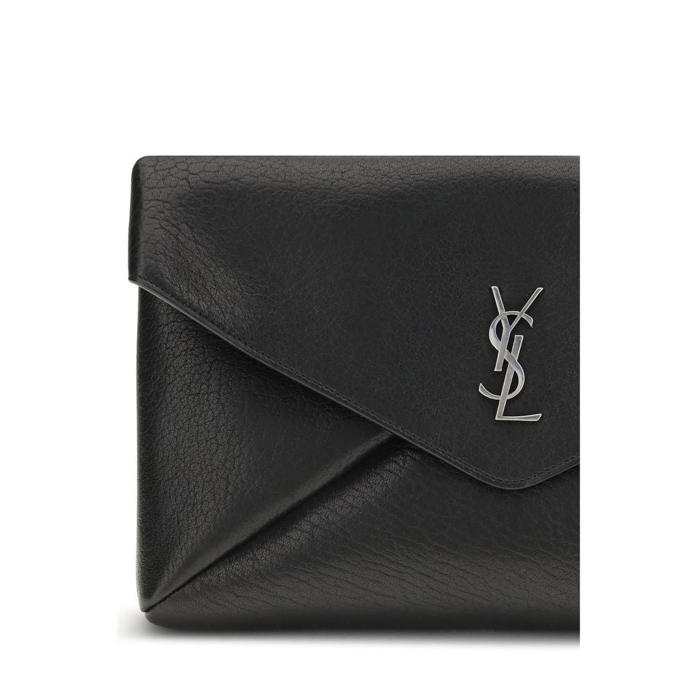 Saint Laurent Cassandre Bos Taurus Calf Leather Envelope Clutch Handbag - Black Silver