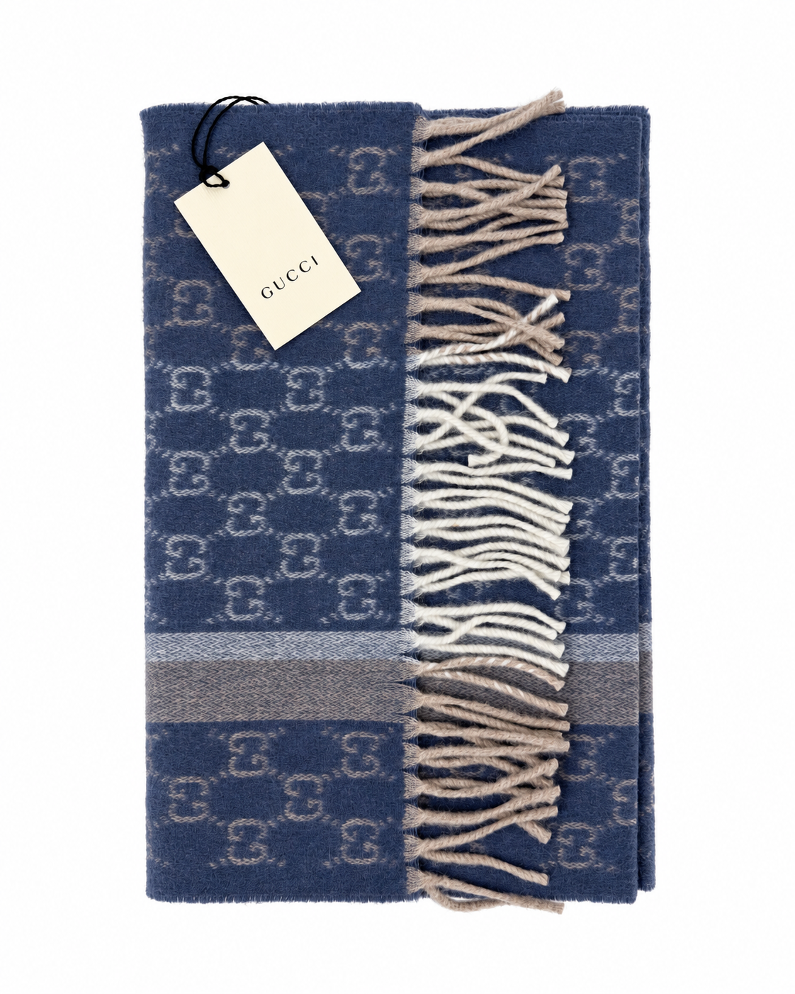 Gucci Monogram Blue Cashmere & Wool Scarf with Beige & Cream Fringe