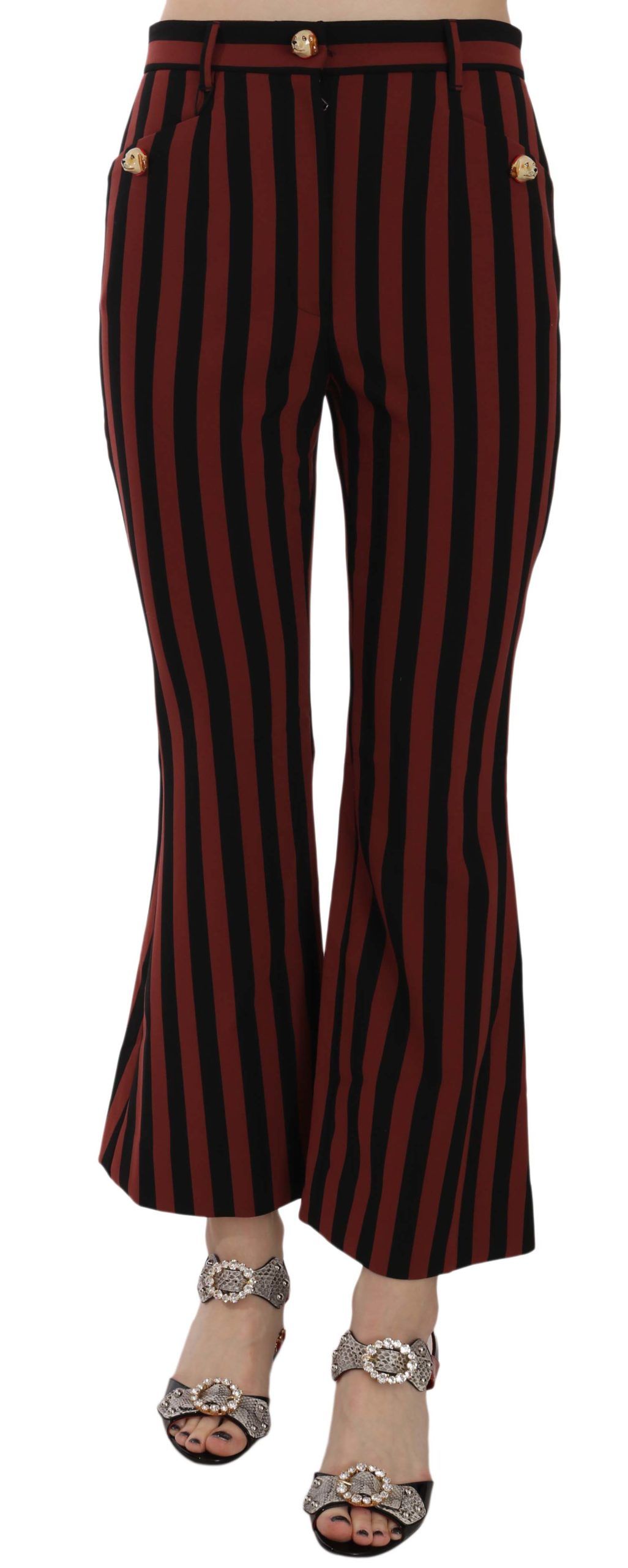 Trousers by Dolce & Gabbana for women in stretch polyester & rayon black, red & striped features a artisanal silhouette, showcasing a sophisticated flared & cropped with a cropped and for a artisanal finish.