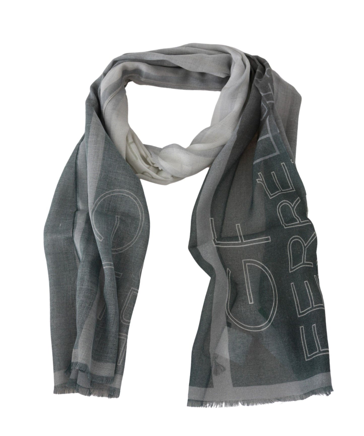 GF Ferre Grey Wool Viscose Foulard Patterned Branded Scarf