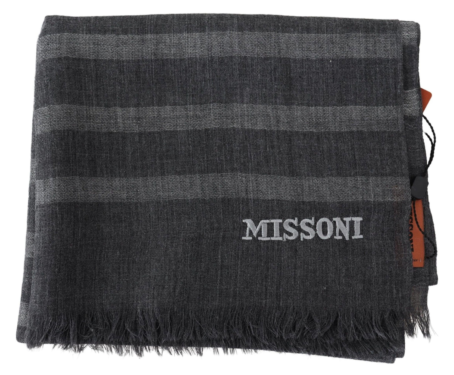 Missoni Grey Striped Wool Unisex Neck Wrap Fringes Scarf