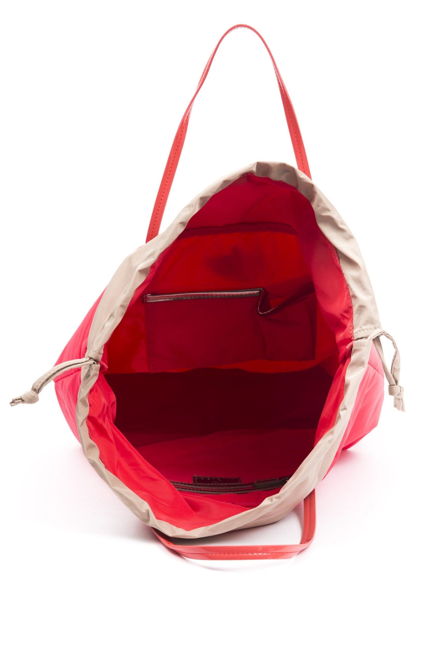Shopper Tote Convertible Handbag by BYBLOS for women in faux patent leather red features a polished silhouette with a secure , ample , and polished for a sophisticated look.