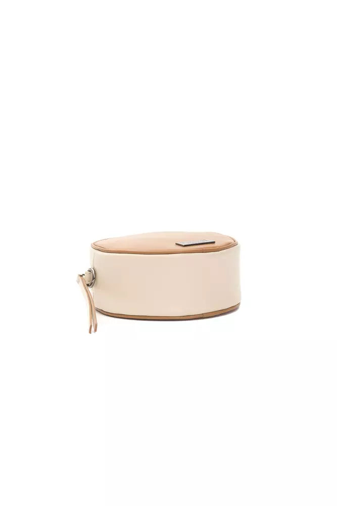 Small Crossbody Oval Handbag by Pompei Donatella for women in leather beige, brown & print features an multi-faceted design with a secure , ample , and versatile crossbody-strap for a multi-faceted finish.