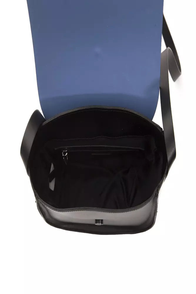Crossbody Handbag by Pompei Donatella for women in leather black, blue & print features a multifaceted silhouette, showcasing a secure fold-over and multifaceted with versatile crossbody-strap for multifaceted style.
