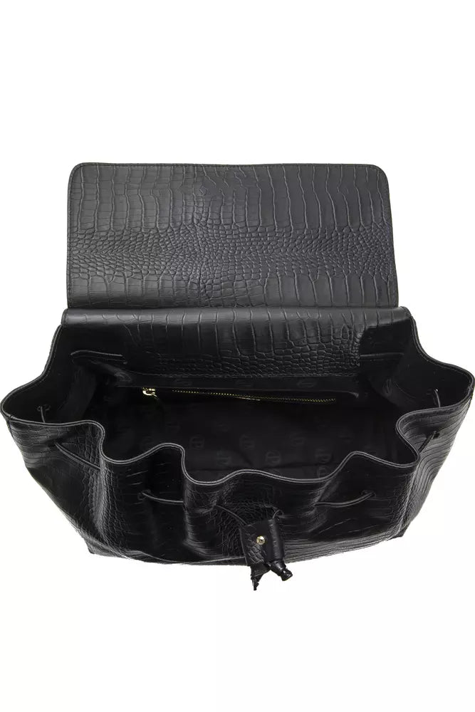 This Backpack Handbag by Pompei Donatella for women in crocodile skin leather and black & print presents a sculptural silhouette featuring a secure , ample , and versatile backpack-strap & adjustable-strap for a sculptural finish.