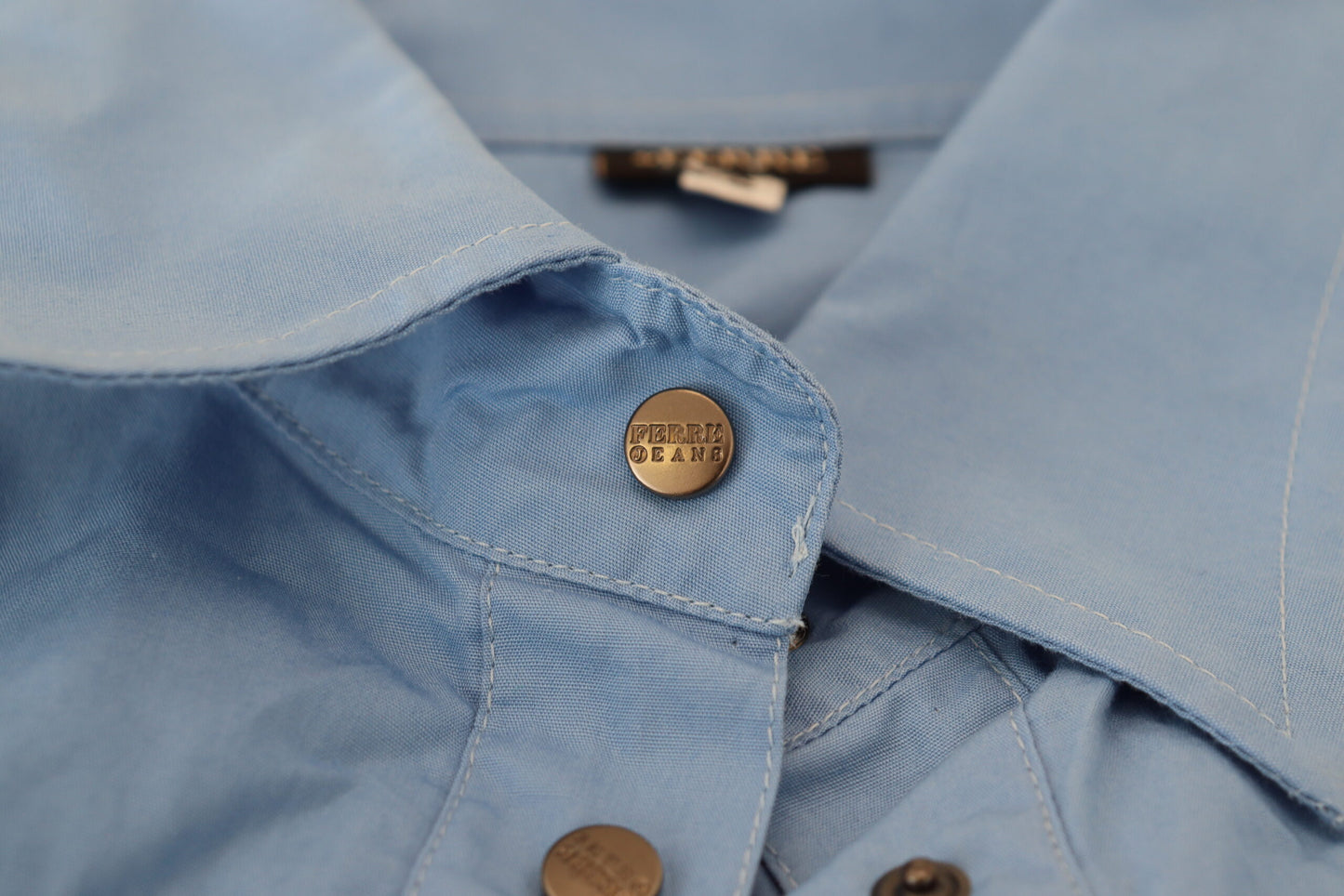Ferre Women's Blue Cotton Long Sleeves Collared Button Down Top