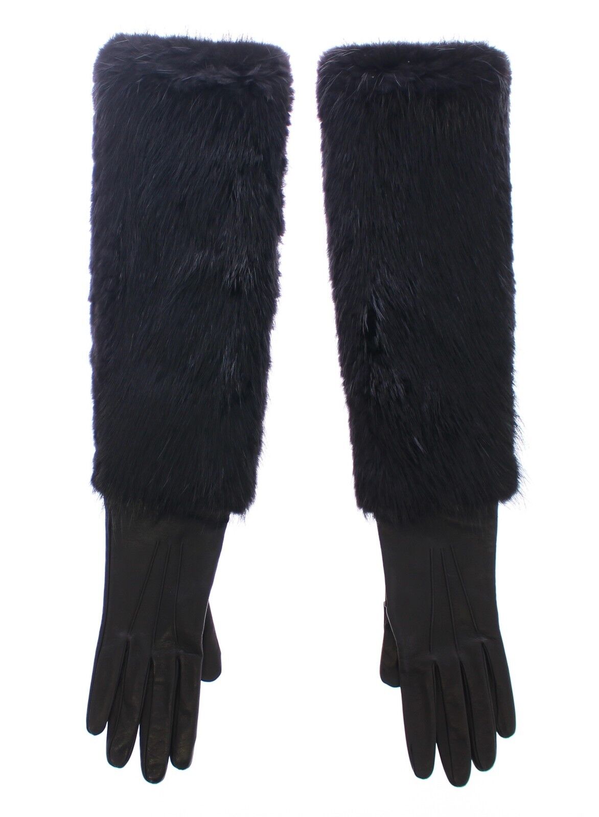 Gloves by Dolce & Gabbana for women in silk beaver hair fur & lamb leather black presents a sartorial silhouette, showcasing sartorial insulating-properties across a sophisticated elbow-length-gloves design.