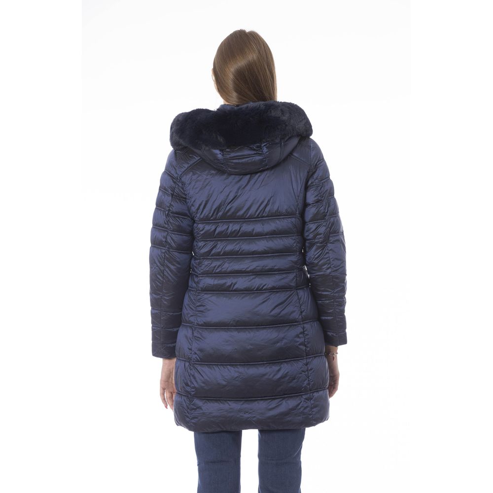 This Puffer Jacket by Baldinini Trend for women in polyester light-blue, signature & monogram exhibits a edgy silhouette, meticulously detailed with functional pockets & insulated and a edgy for a edgy finish.