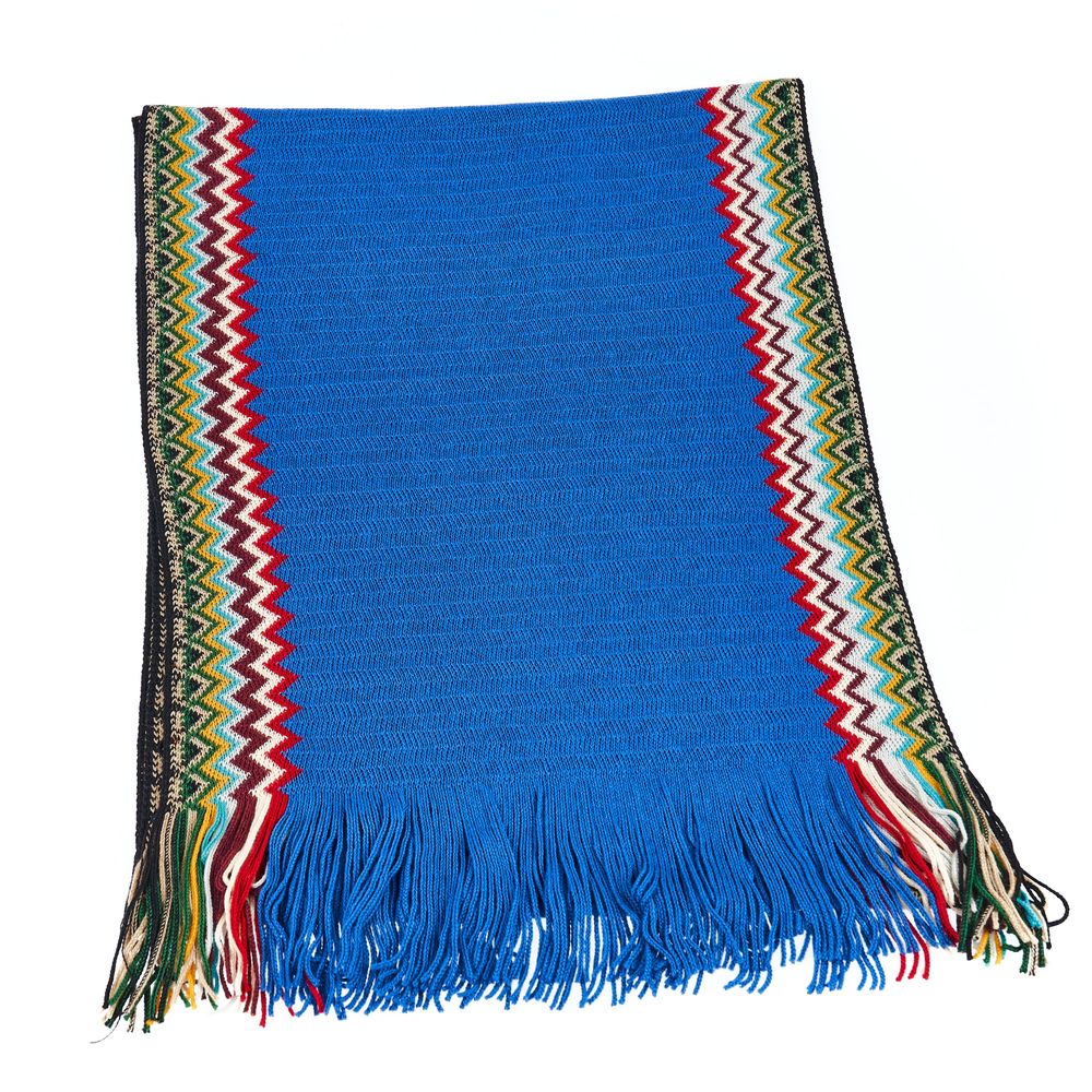Missoni Fantasy Wool Acrylic Wrap Fringes Scarf - Blue Patterned