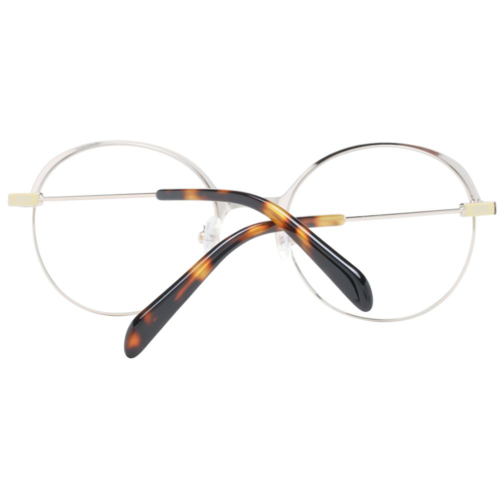 Eyeglasses Frames by Emilio Pucci for women in metal gold features an refined silhouette, showcasing the refined gold coloured frame and sophisticated full-frame frame design.