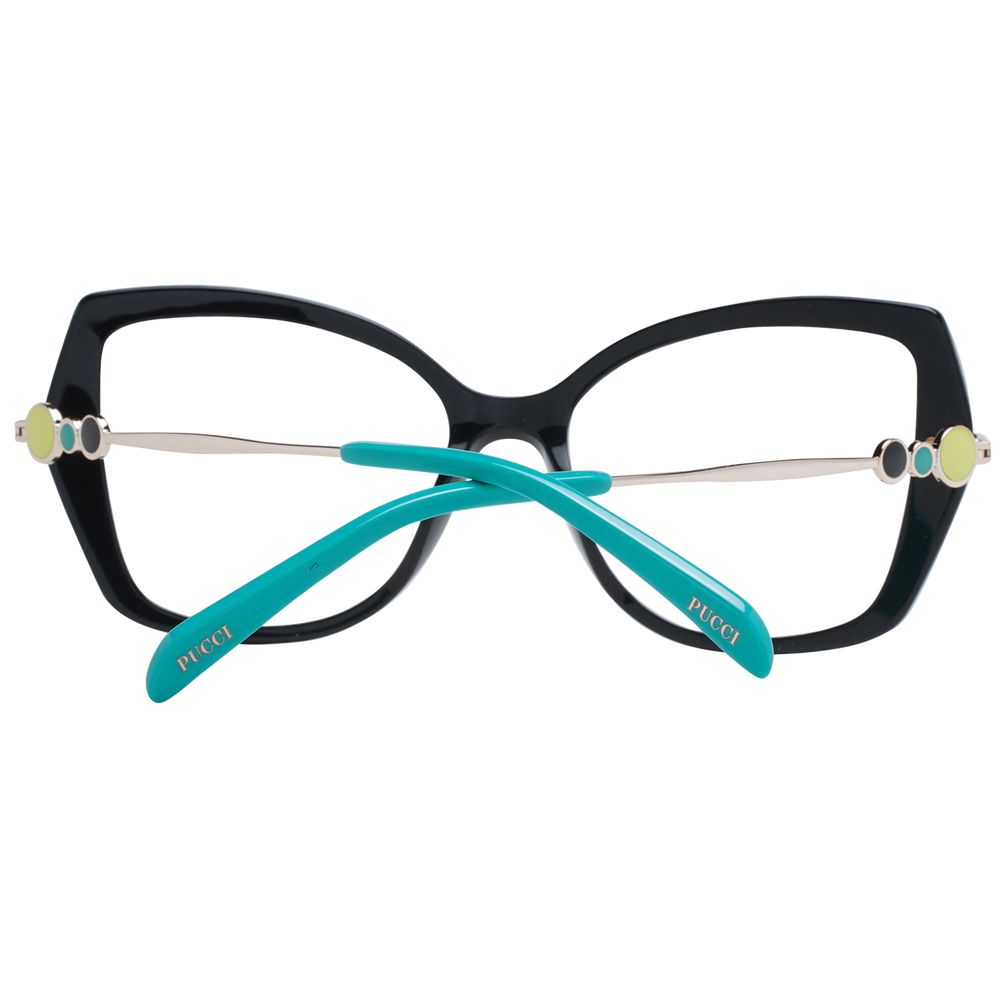 Eyeglasses Frames by Emilio Pucci for women in plastic black showcases a reflective silhouette, artfully incorporating a sophisticated black coloured frame with a distinct full-frame frame design.