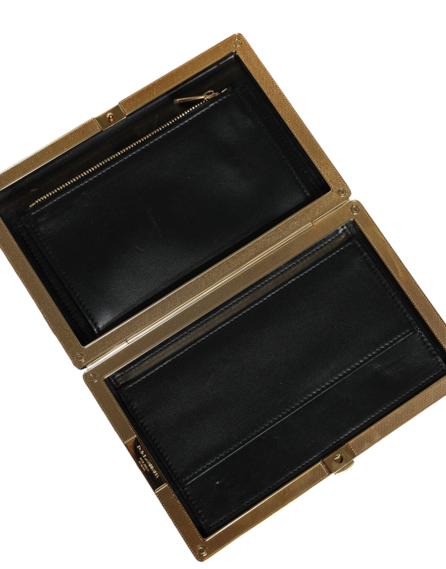 Compact Evening Box Clutch Convertible Handbag by Dolce & Gabbana for women in goat leather & aluminium black, gold & white presents a enviable design with a secure , ample cardholder, and versatile for a sophisticated look.