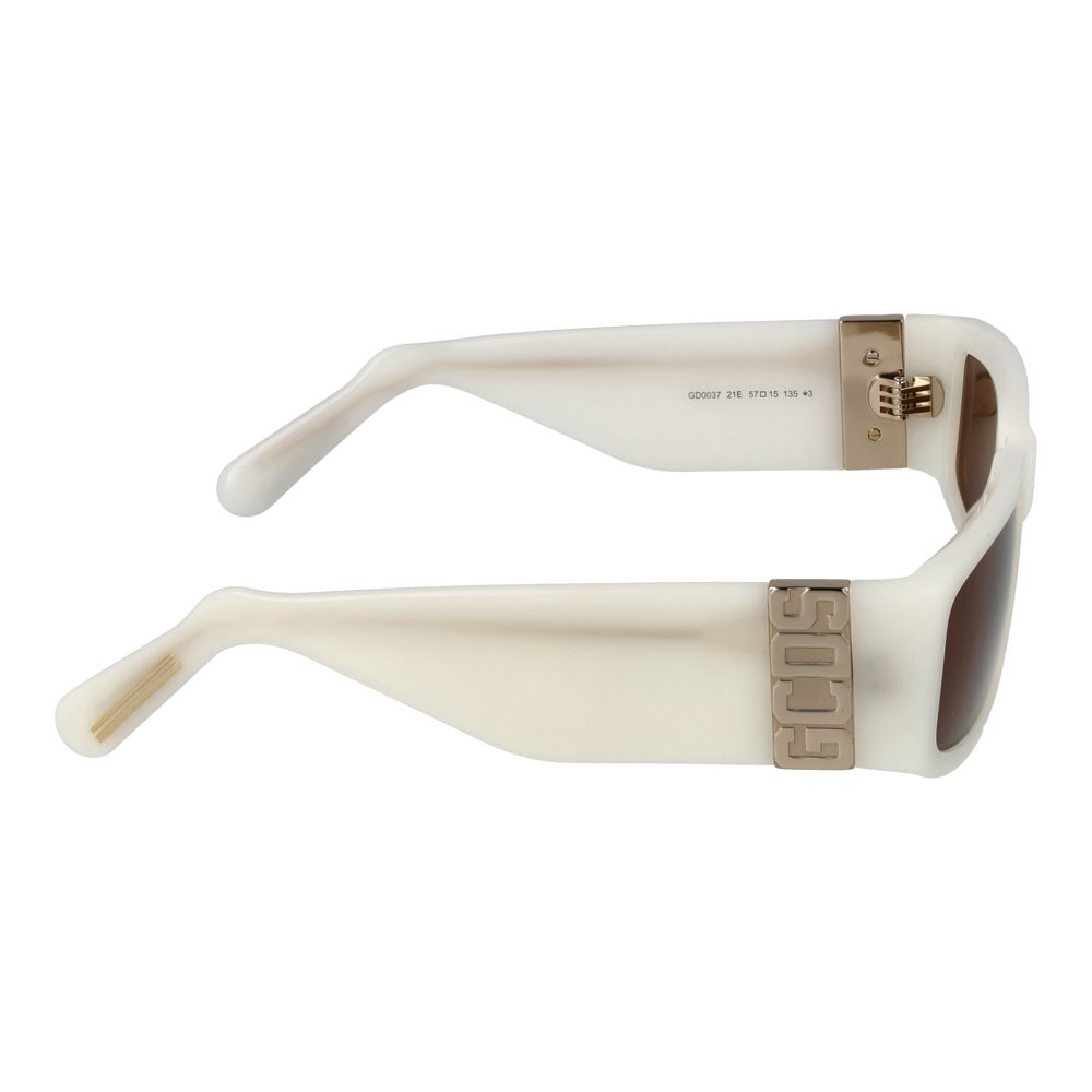 Sunglasses by GCDS for unisex in acetate white features an ethereal rectangle full-rim frame design with white coloured frame frames and non-polarized category-3-dark-tint lens for a ethereal finish.