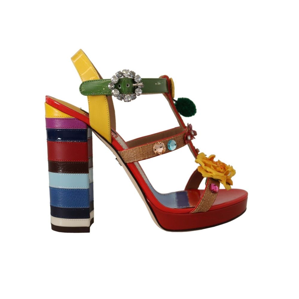 Ankle Strap Sandals by Dolce & Gabbana for women in leather & cotton multicolor & floral showcases a sculptural silhouette as Women's Leather & Cotton Ankle Strap Sandals, defined by a sculptural and sculptural for a sculptural look.