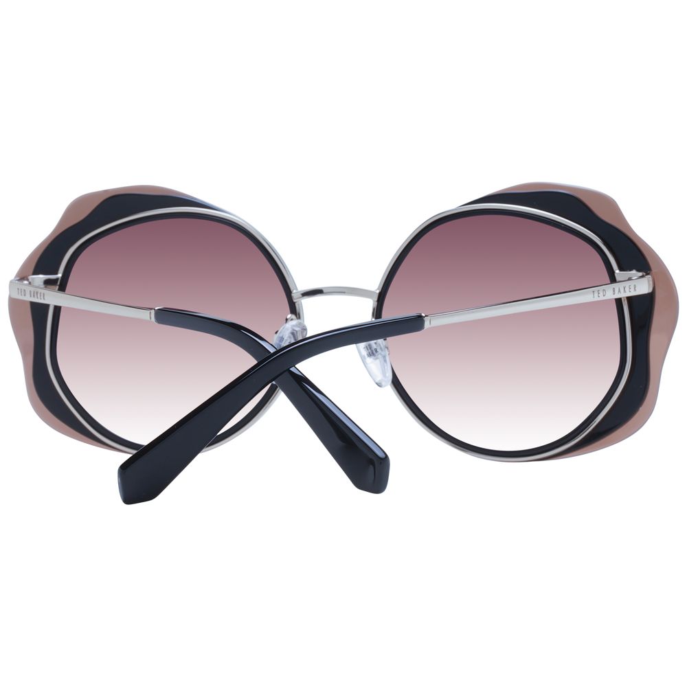 Sunglasses by Ted Baker for women in acetate and black featuring an opulent full-rim round frame design with a sophisticated black coloured frame finish and high-performance gradient category-3-dark-tint lens.