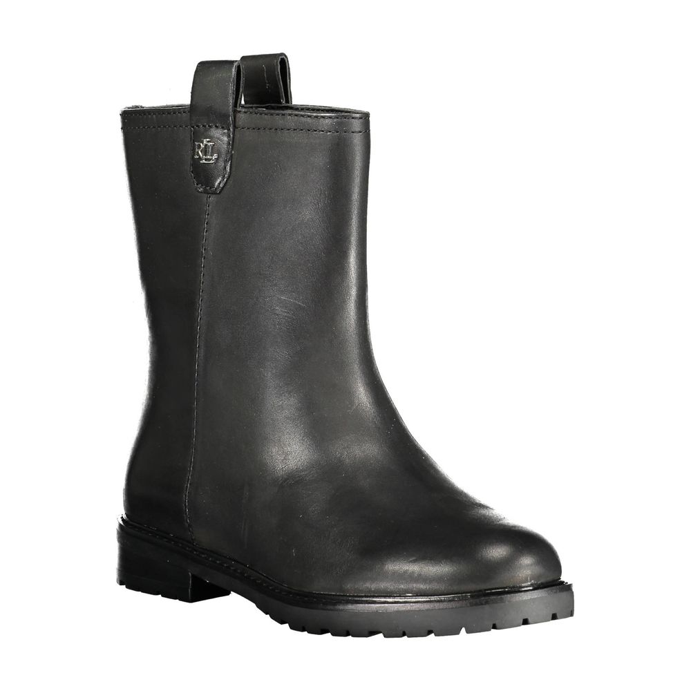 Ankle Boots by Ralph Lauren for women in polyester polyurethane leather black showcases a aeronautic silhouette as Women's Polyester Polyurethane Leather Ankle Boots, artfully defined by a aeronautic and a aeronautic .