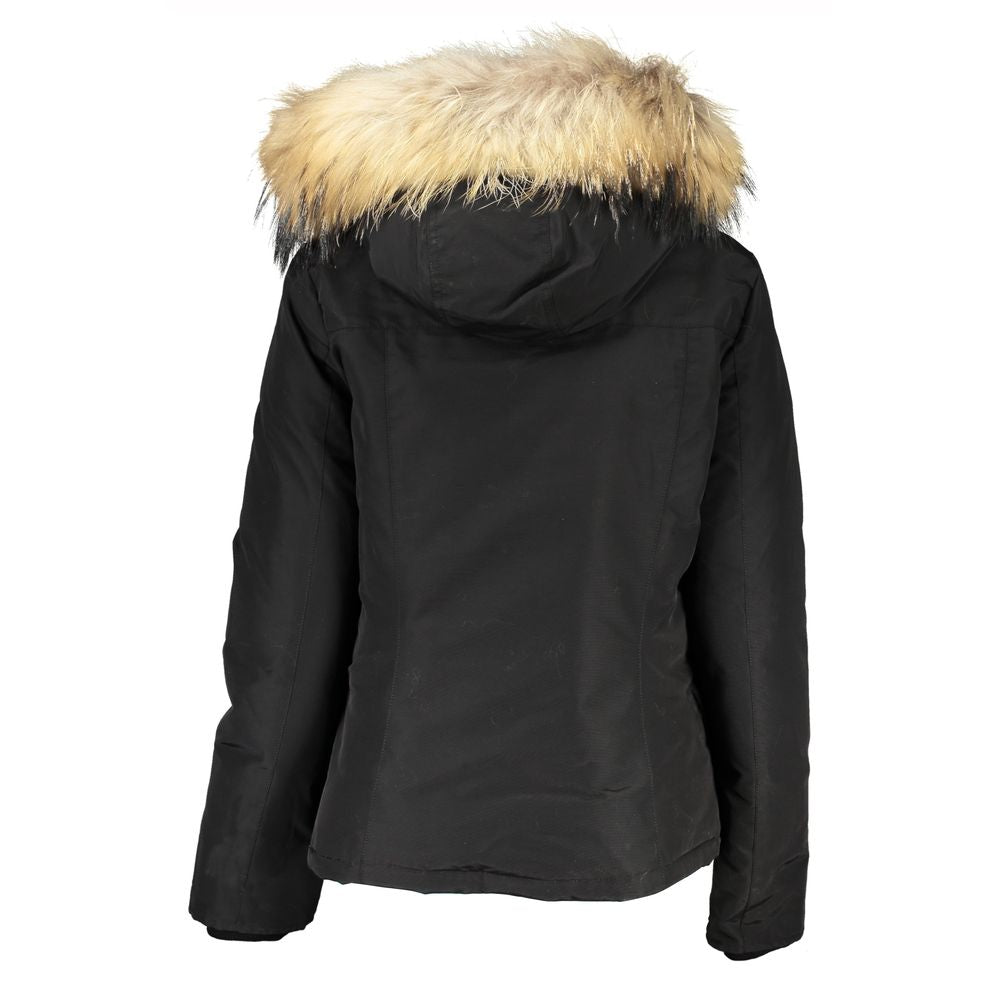 Hooded Jacket by Woolrich for women in cotton & fur black showcases a enveloping silhouette, artfully detailed with a enveloping and premium pockets & hooded for a truly enveloping finish.