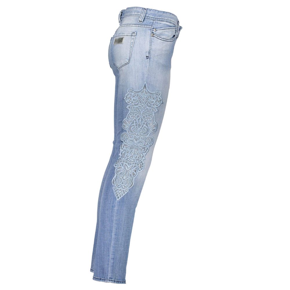 Jeans by Just Cavalli for women in stretch denim cotton azzurro features a polished silhouette with a polished skinny, reaching a polished long and finished with a polished .
