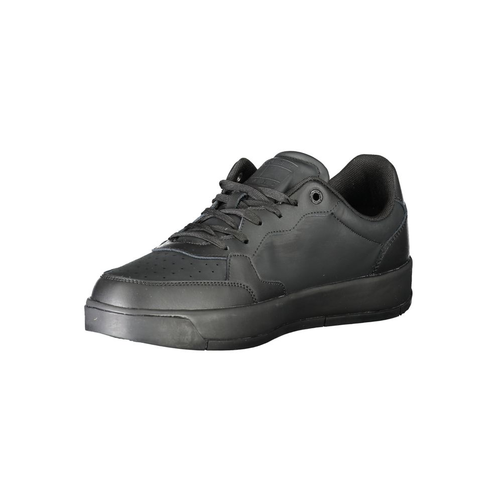 Athletic Sneakers by Tommy Hilfiger for men in polyester polyethylene leather black features an architectural silhouette from the Men's Athletic Polyester Polyethylene Leather Sneakers collection, showcasing a architectural athletic style for a architectural look.